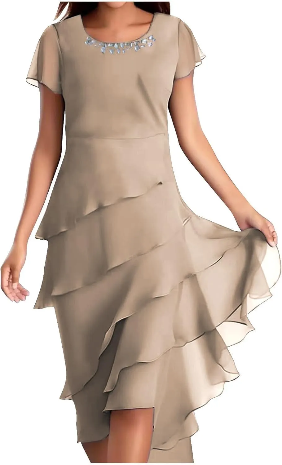 Women's Long Mother of The Bride Dresses for Wedding Chiffon Short Sleeve Crew Neck Tiered Formal Evening Dress 2025