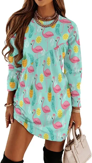Womens Long Sleeve T Shirt Dress Cherry Printed Crew Neck Tunic Dress Casual Loose Plus Size Dress