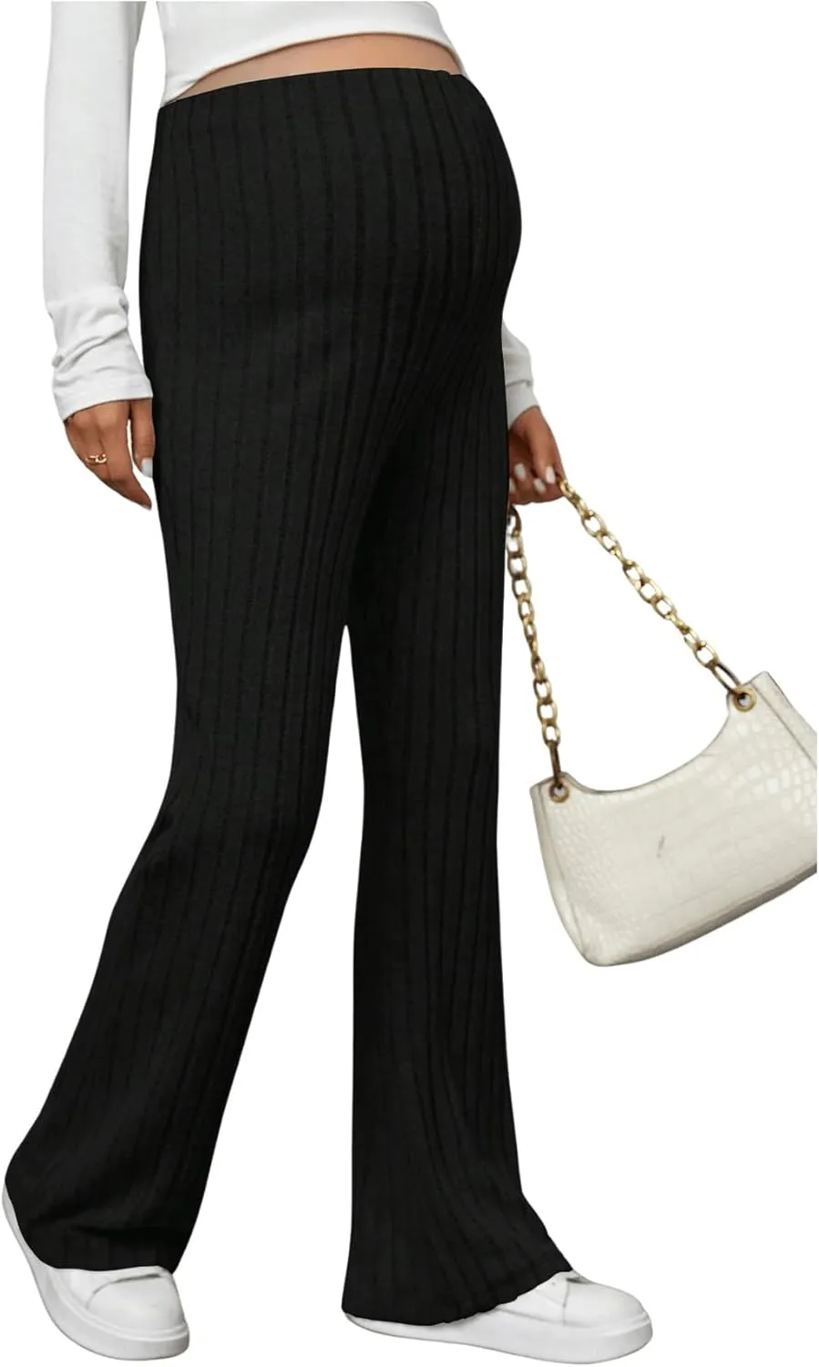 Women's Maternity Casual Adjustable High Waist Solid Flare Leg Ribbed Knit Pants Trousers