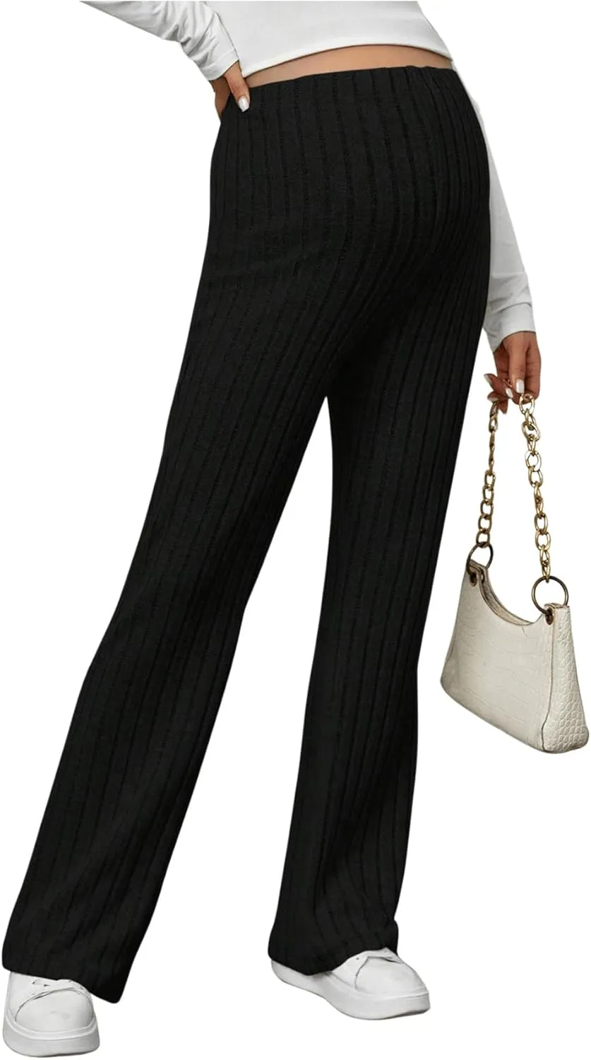 Women's Maternity Casual Adjustable High Waist Solid Flare Leg Ribbed Knit Pants Trousers