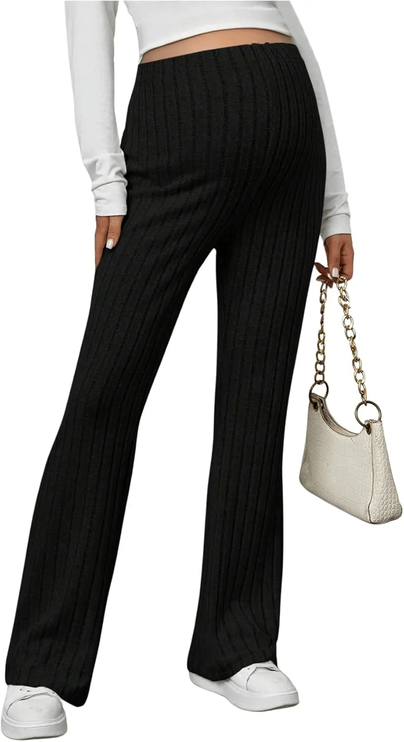 Women's Maternity Casual Adjustable High Waist Solid Flare Leg Ribbed Knit Pants Trousers