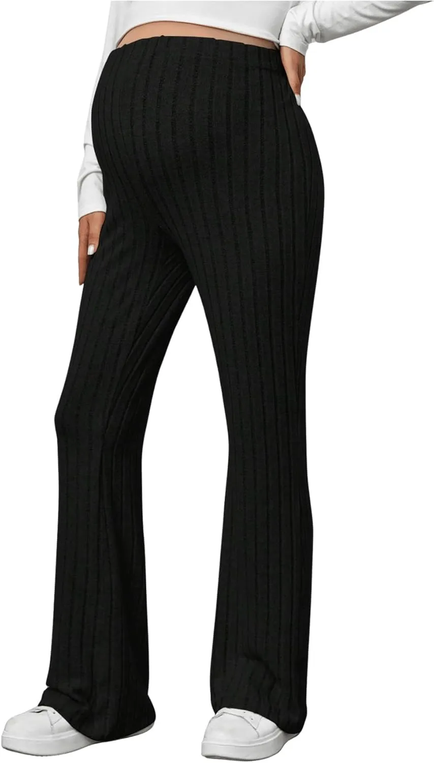 Women's Maternity Casual Adjustable High Waist Solid Flare Leg Ribbed Knit Pants Trousers