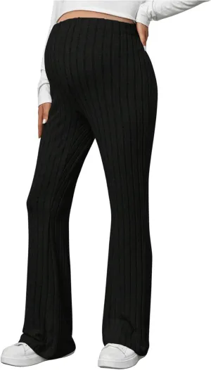 Women's Maternity Casual Adjustable High Waist Solid Flare Leg Ribbed Knit Pants Trousers