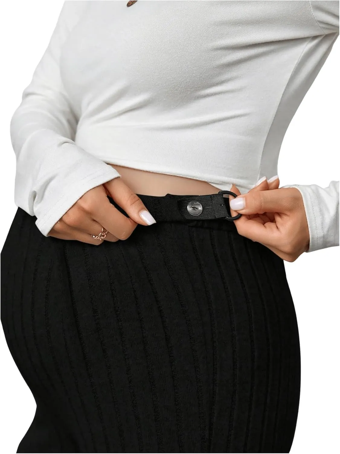 Women's Maternity Casual Adjustable High Waist Solid Flare Leg Ribbed Knit Pants Trousers