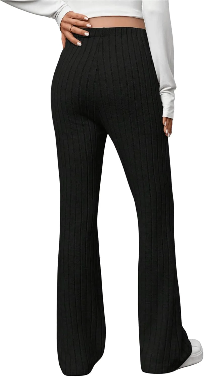 Women's Maternity Casual Adjustable High Waist Solid Flare Leg Ribbed Knit Pants Trousers