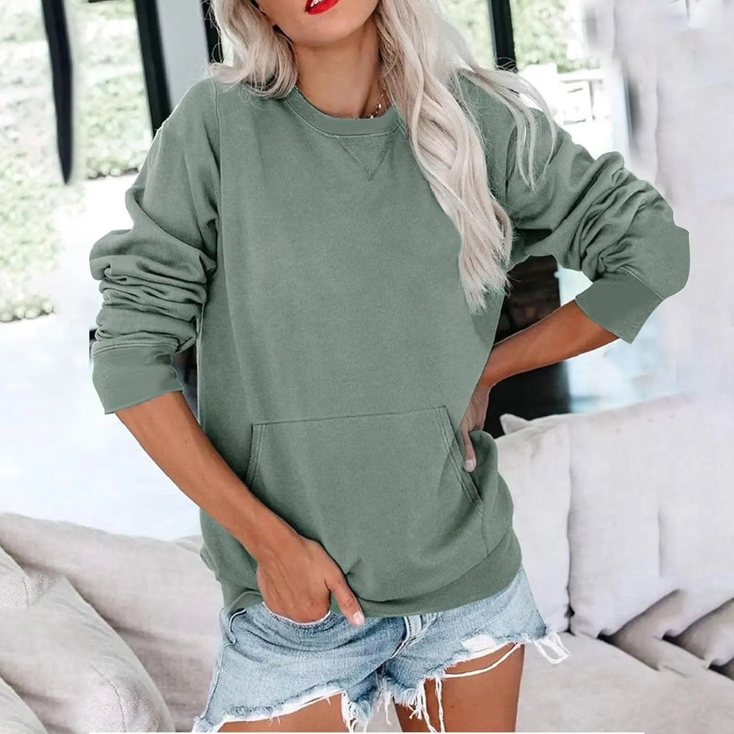 Women's No Hood Sweatshirt with Pocket Crewneck Pullover Shirts Casual Cute Fall Tops Solid Loose Fit Active Sweater T Shirt
