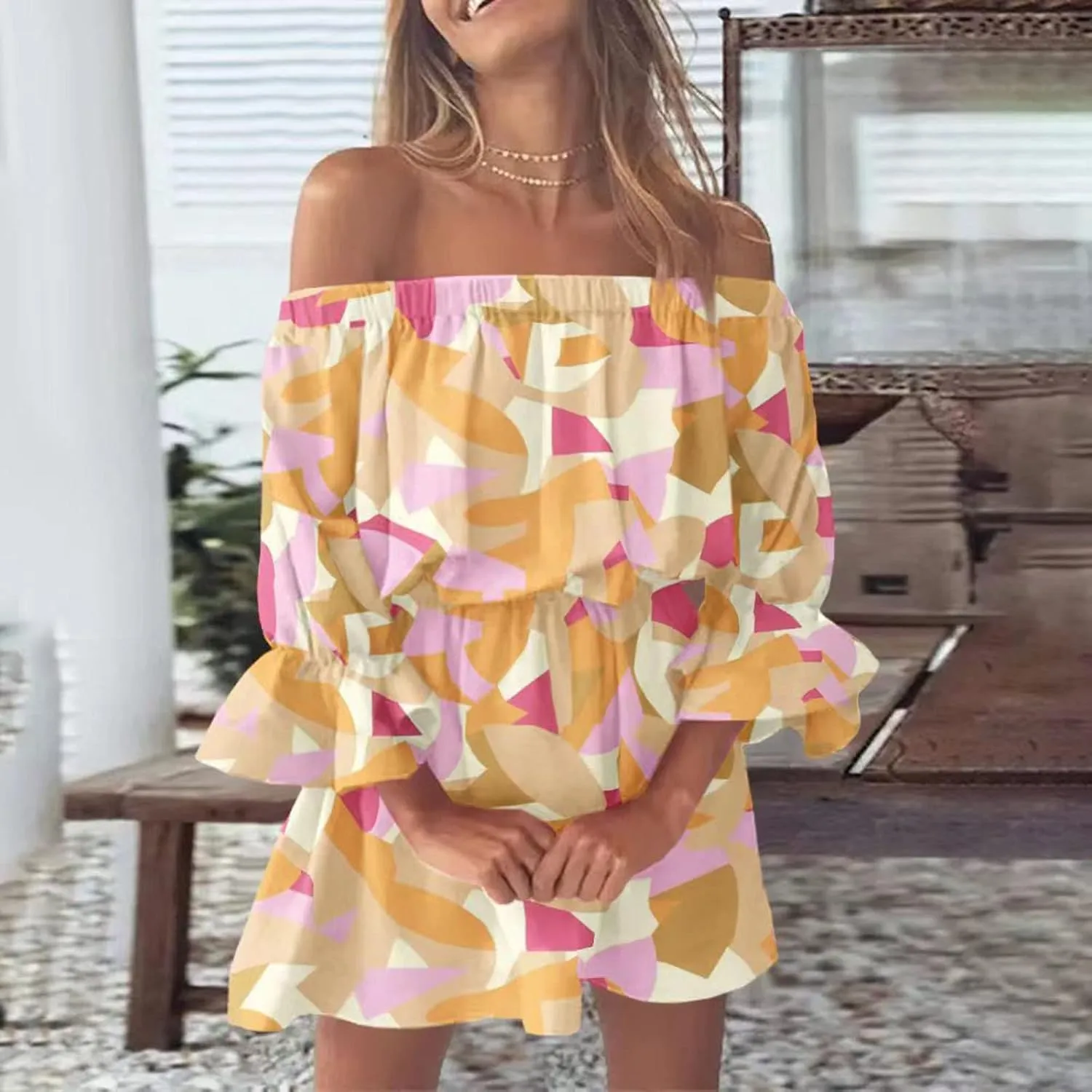Womens Off Shoulder Summer Dresses Ruffle Floral 3/4 Sleeve Swing Mini Dress Elastic Waist A-Line Wedding Guest Dresses