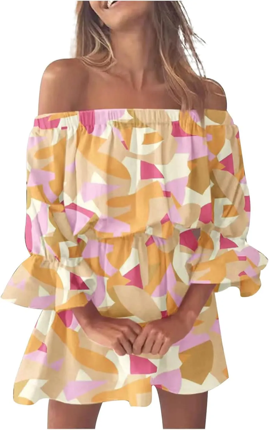 Womens Off Shoulder Summer Dresses Ruffle Floral 3/4 Sleeve Swing Mini Dress Elastic Waist A-Line Wedding Guest Dresses