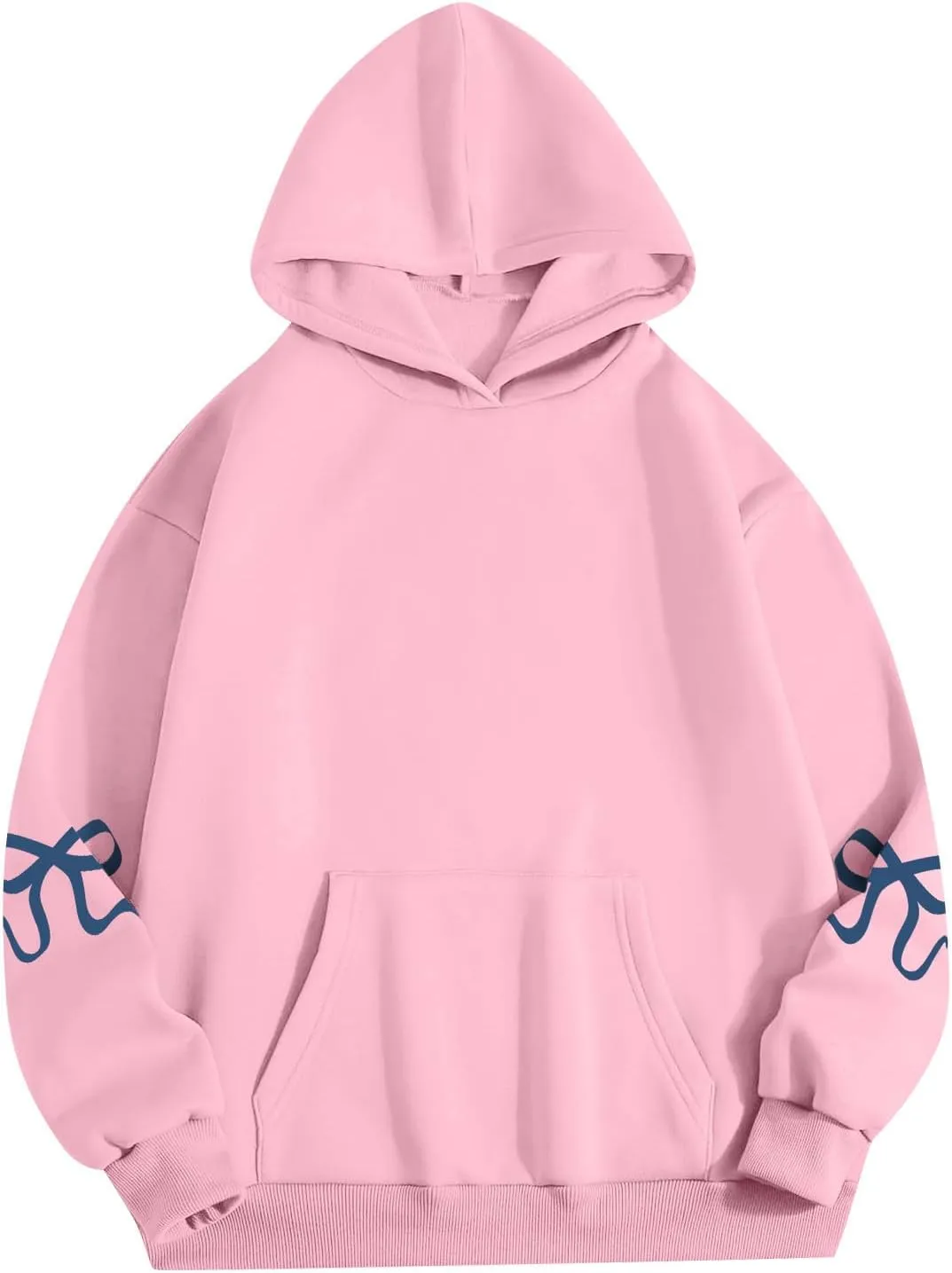 Womens Oversized Hoodies Cute Bow Trim Print Fleece Hoodies Preppy Long Sleeve Hooded Graphic Sweatshirts with Pocket