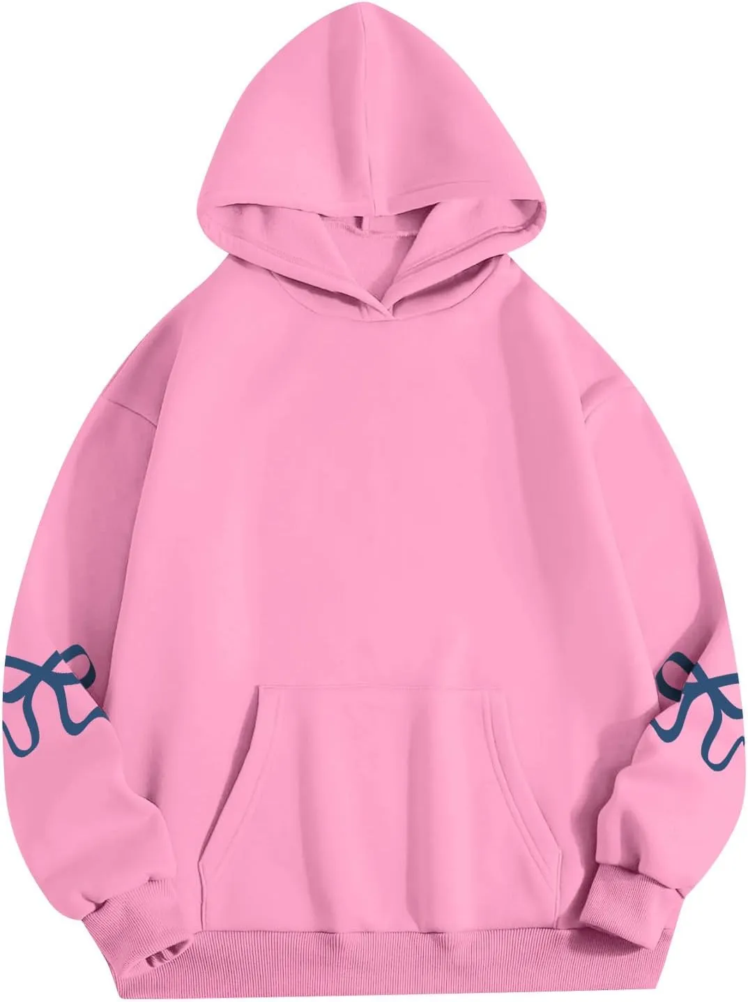Womens Oversized Hoodies Cute Bow Trim Print Fleece Hoodies Preppy Long Sleeve Hooded Graphic Sweatshirts with Pocket