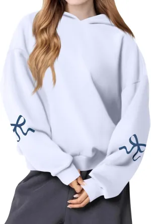 Womens Oversized Hoodies Cute Bow Trim Print Fleece Hoodies Preppy Long Sleeve Hooded Graphic Sweatshirts with Pocket