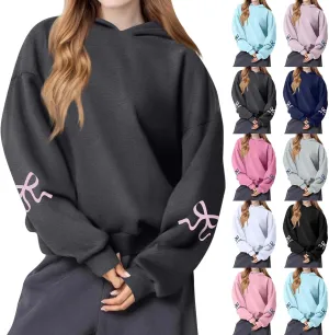 Womens Oversized Hoodies Cute Bow Trim Print Fleece Hoodies Preppy Long Sleeve Hooded Graphic Sweatshirts with Pocket