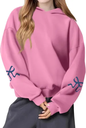 Womens Oversized Hoodies Cute Bow Trim Print Fleece Hoodies Preppy Long Sleeve Hooded Graphic Sweatshirts with Pocket