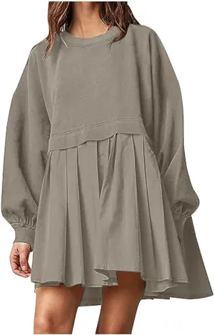 Women's Patchwork Ruffle Hem Long Sleeve Round Neck Babydoll Mini Dress Fall Solid Color Casual Dress