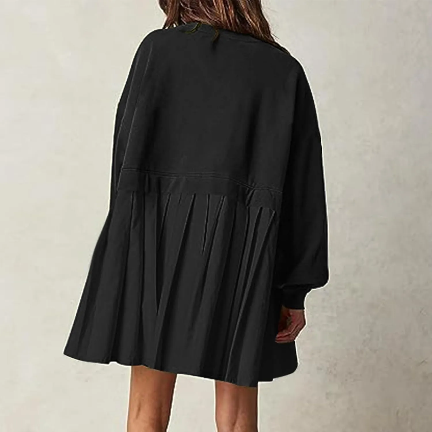 Women's Patchwork Ruffle Hem Long Sleeve Round Neck Babydoll Mini Dress Fall Solid Color Casual Dress