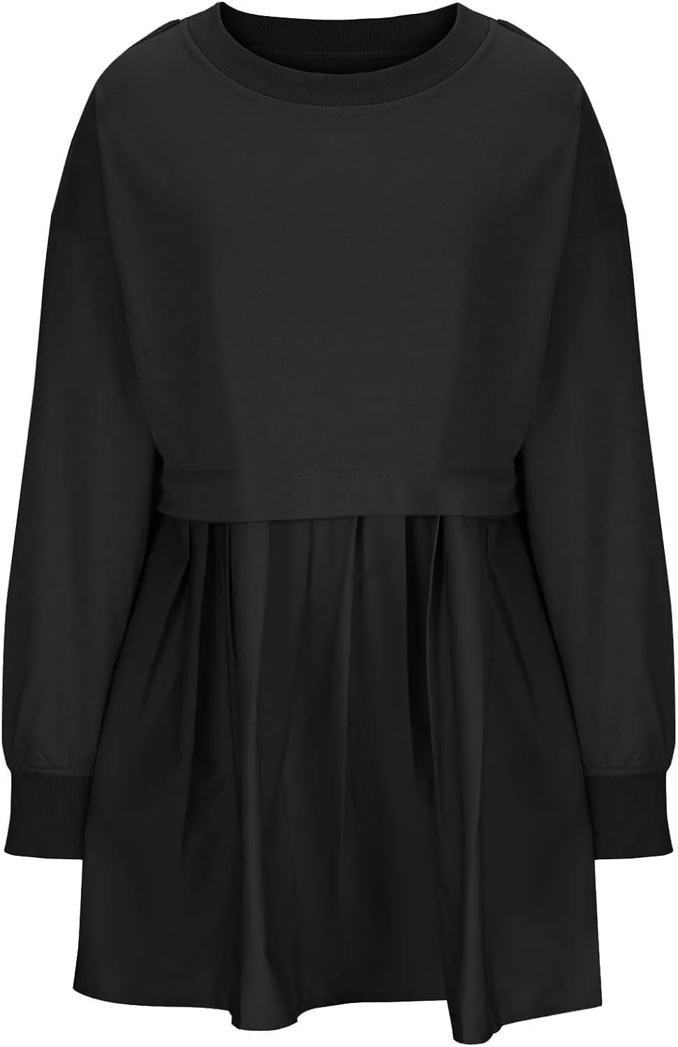 Women's Patchwork Ruffle Hem Long Sleeve Round Neck Babydoll Mini Dress Fall Solid Color Casual Dress