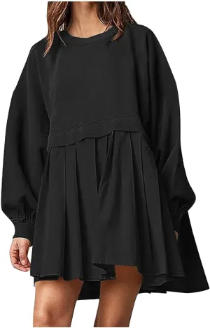 Women's Patchwork Ruffle Hem Long Sleeve Round Neck Babydoll Mini Dress Fall Solid Color Casual Dress