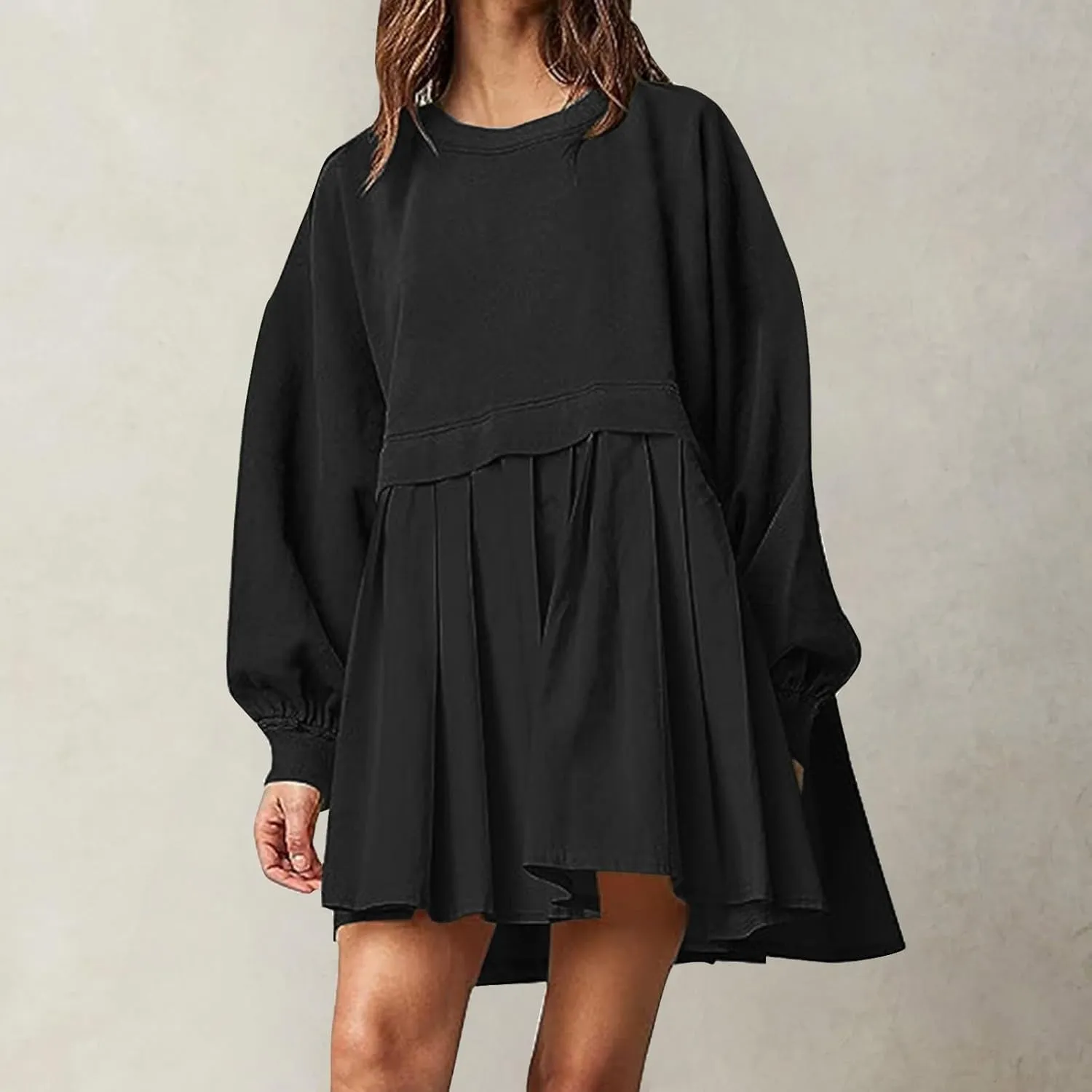 Women's Patchwork Ruffle Hem Long Sleeve Round Neck Babydoll Mini Dress Fall Solid Color Casual Dress