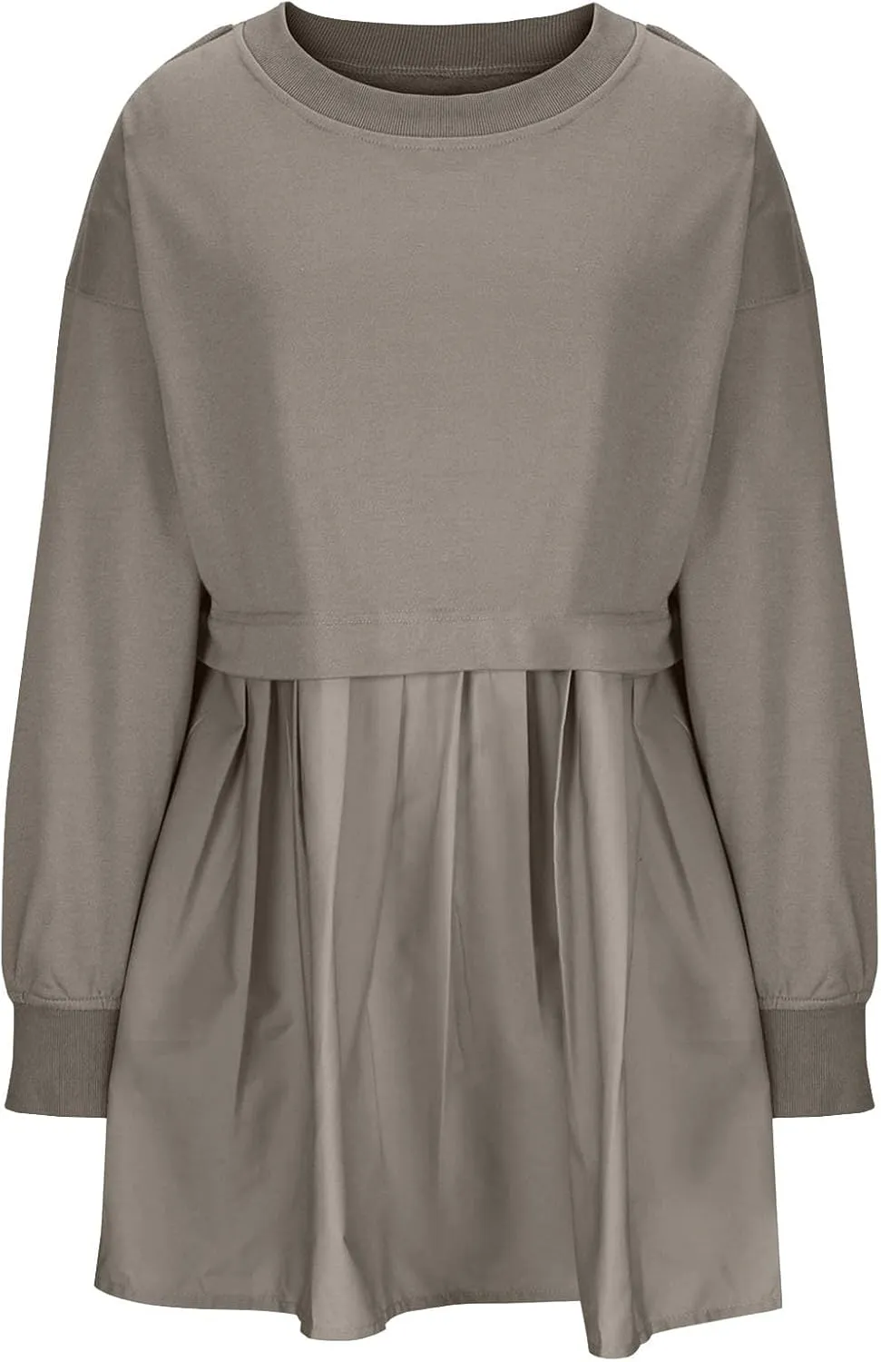 Women's Patchwork Ruffle Hem Long Sleeve Round Neck Babydoll Mini Dress Fall Solid Color Casual Dress