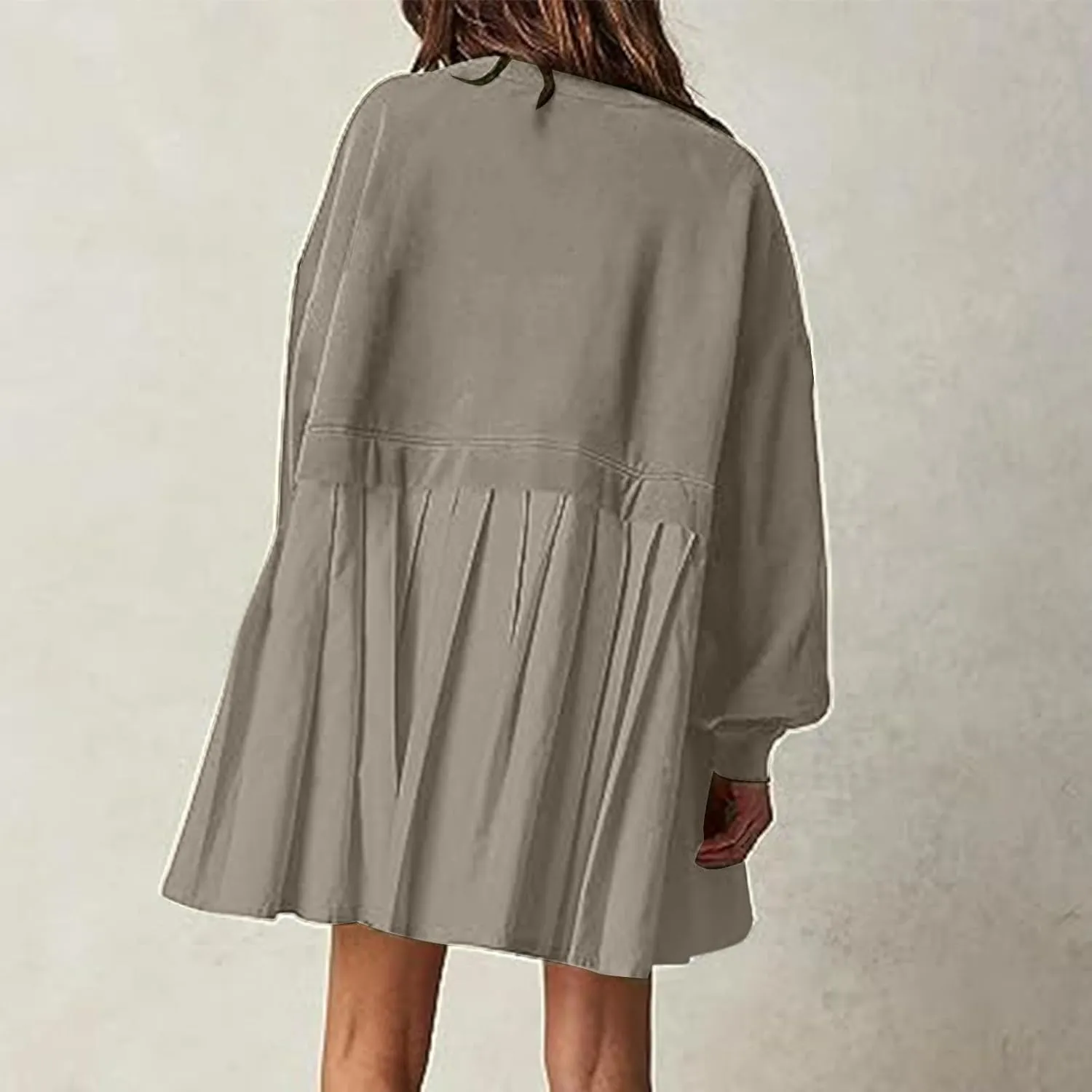Women's Patchwork Ruffle Hem Long Sleeve Round Neck Babydoll Mini Dress Fall Solid Color Casual Dress