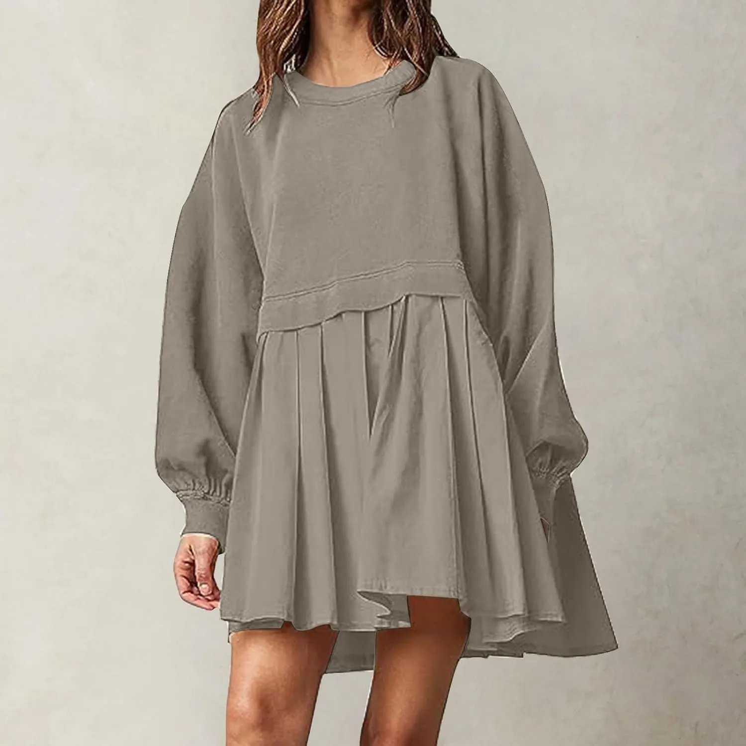 Women's Patchwork Ruffle Hem Long Sleeve Round Neck Babydoll Mini Dress Fall Solid Color Casual Dress