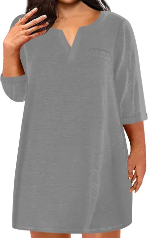 Women's Plus Size Outfits for Curvy Short Sleeve Summer Striped Print Tshirt Dresses Tunic with Pockets, L-5XL