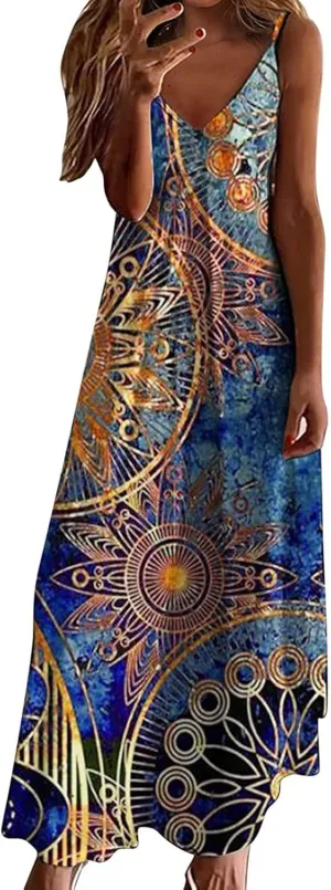 Womens Plus Size Spaghetti Strap Summer Casaul Dress Floral Print Sexy V-Neck Vest Dress Camis Sleeveless Dress
