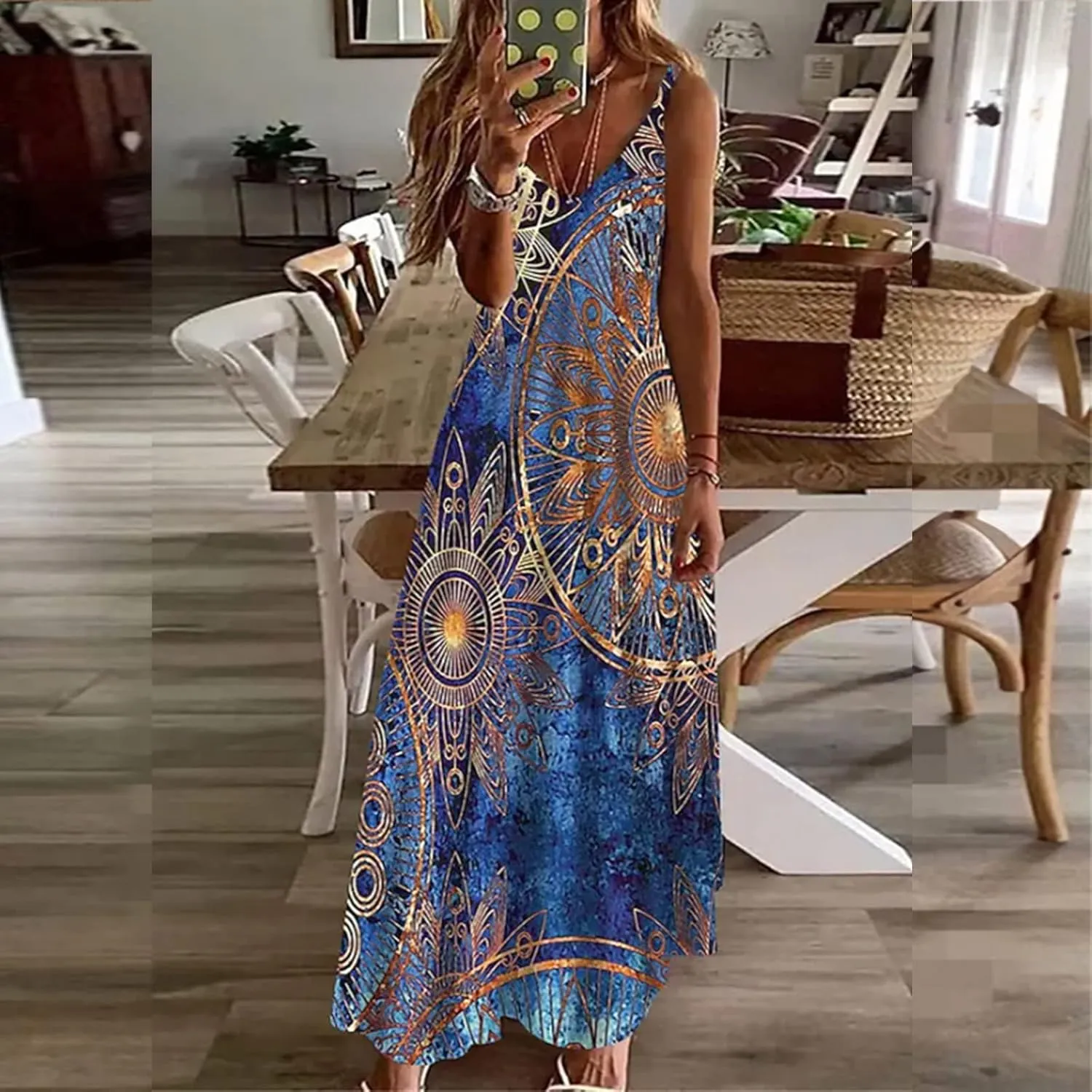 Womens Plus Size Spaghetti Strap Summer Casaul Dress Floral Print Sexy V-Neck Vest Dress Camis Sleeveless Dress