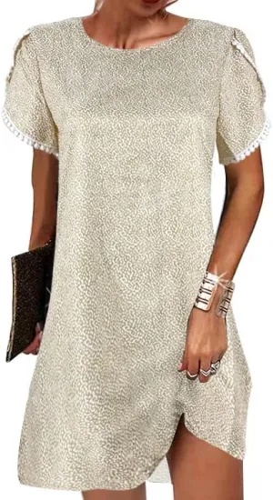 Women's Ruffle Puff Lace Trim Short Sleeve Dress Casual Loose Crewneck Shirt Dress Summer Swing Mini Dress