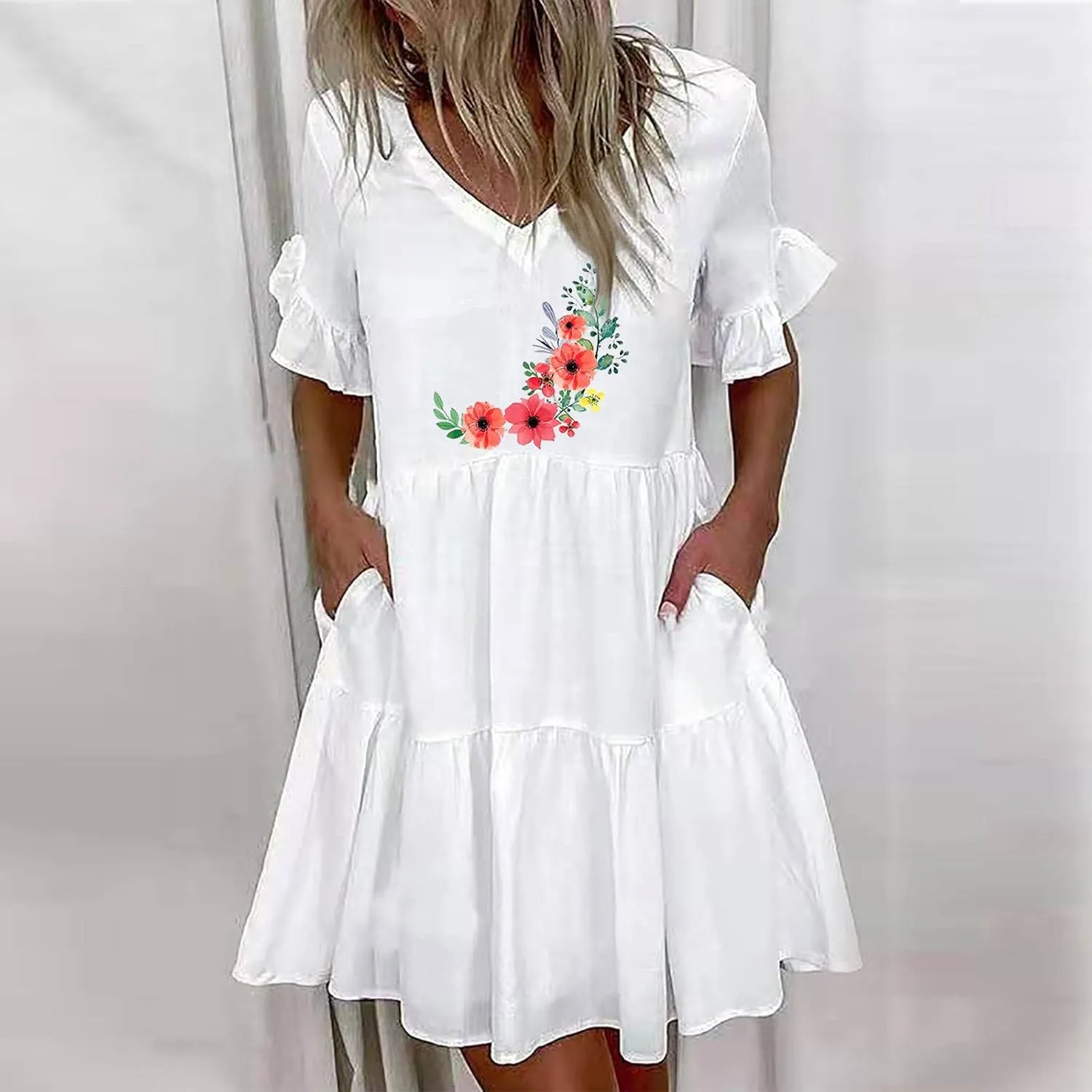 Womens Ruffle Sleeve Summer Vacation Dress Floral Print Casual Resort Dress Cute Spring Clothes 2023