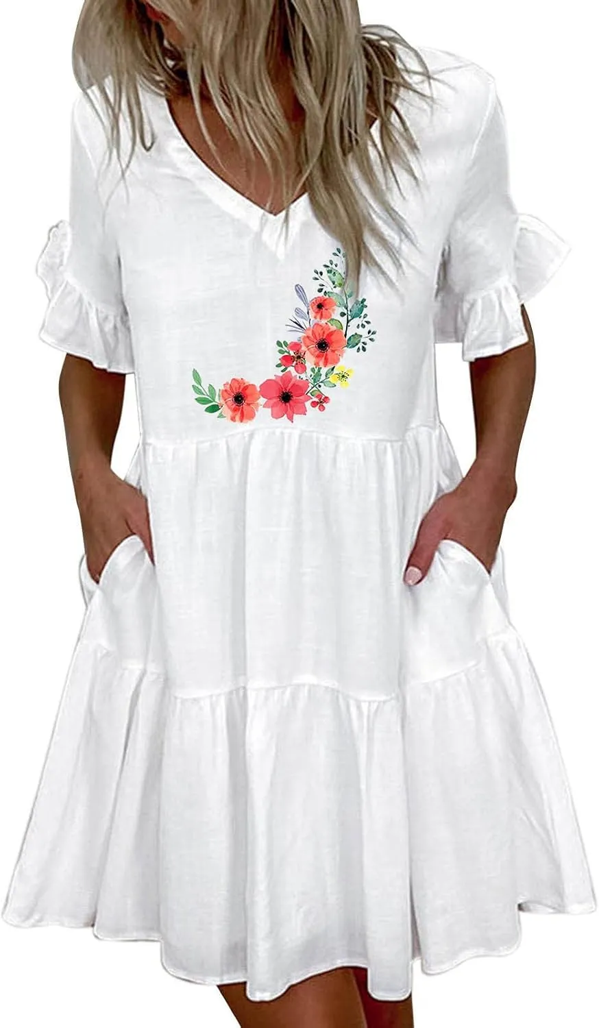 Womens Ruffle Sleeve Summer Vacation Dress Floral Print Casual Resort Dress Cute Spring Clothes 2023