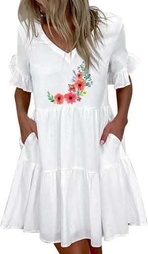 Womens Ruffle Sleeve Summer Vacation Dress Floral Print Casual Resort Dress Cute Spring Clothes 2023