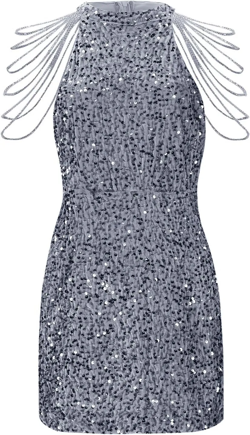 Womens Sequin Dress Hot Drilling Tassel Mini Dress Cocktail Party Dress Sexy Club Night Dress Wrap Hip Dresses