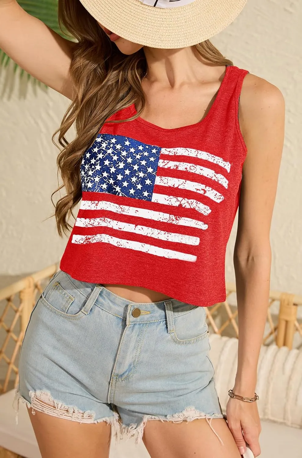 Women's Sexy Crop Tanks Cute USA Graphic Cropped Tank Tops for Teen Girls Casual Summer Sleeveless Tee Tops