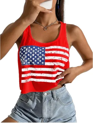 Women's Sexy Crop Tanks Cute USA Graphic Cropped Tank Tops for Teen Girls Casual Summer Sleeveless Tee Tops