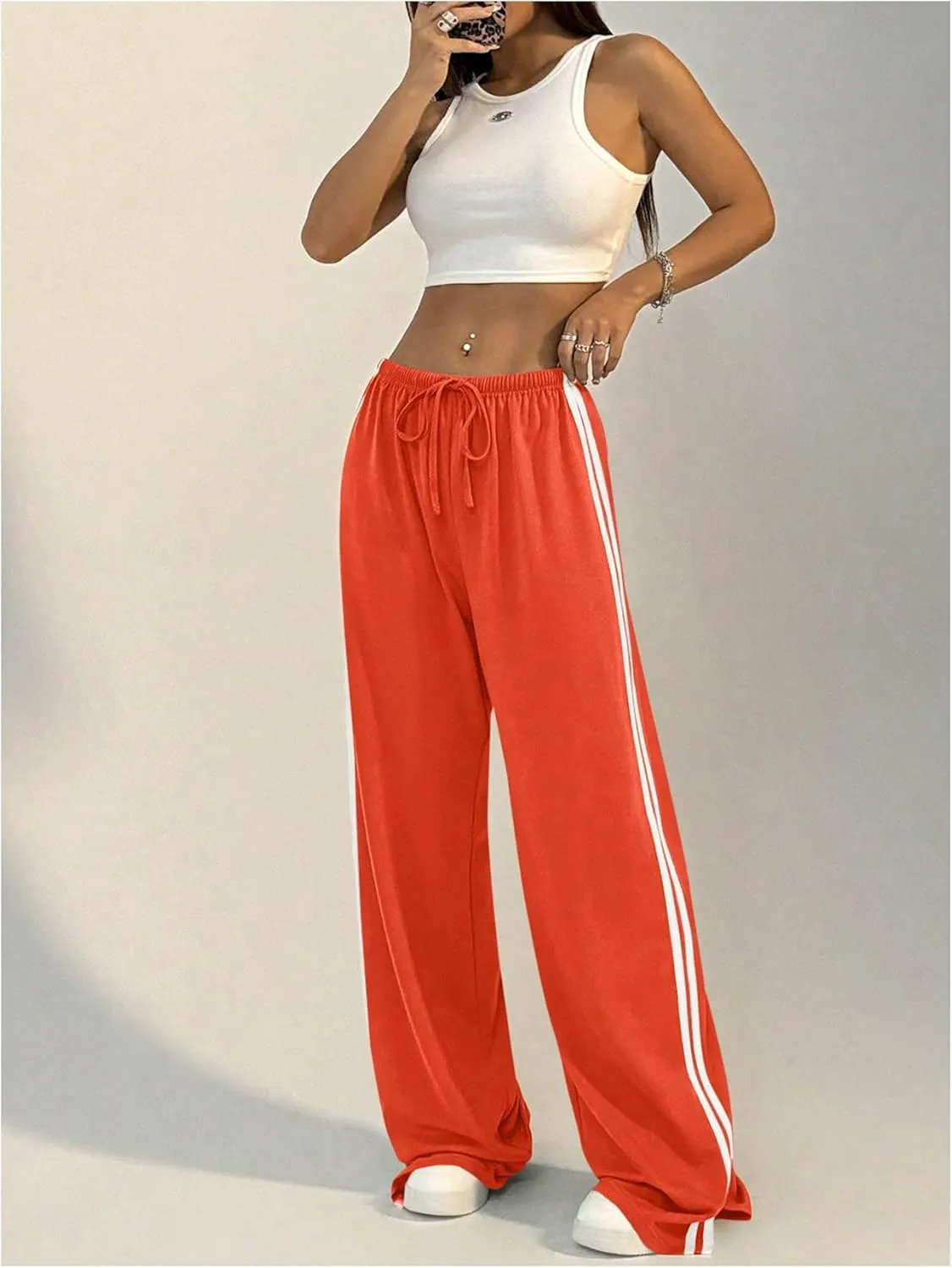 Women's Side Striped Pant Baggy Wide Leg Sweatpants Drawstring Low Waisted Slit Track Pants Streetwear Joggers