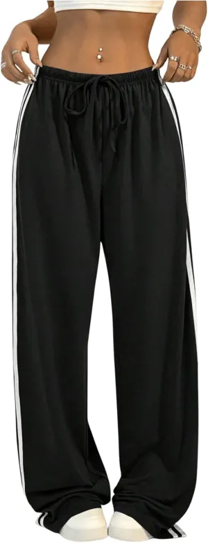 Women's Side Striped Pant Baggy Wide Leg Sweatpants Drawstring Low Waisted Slit Track Pants Streetwear Joggers