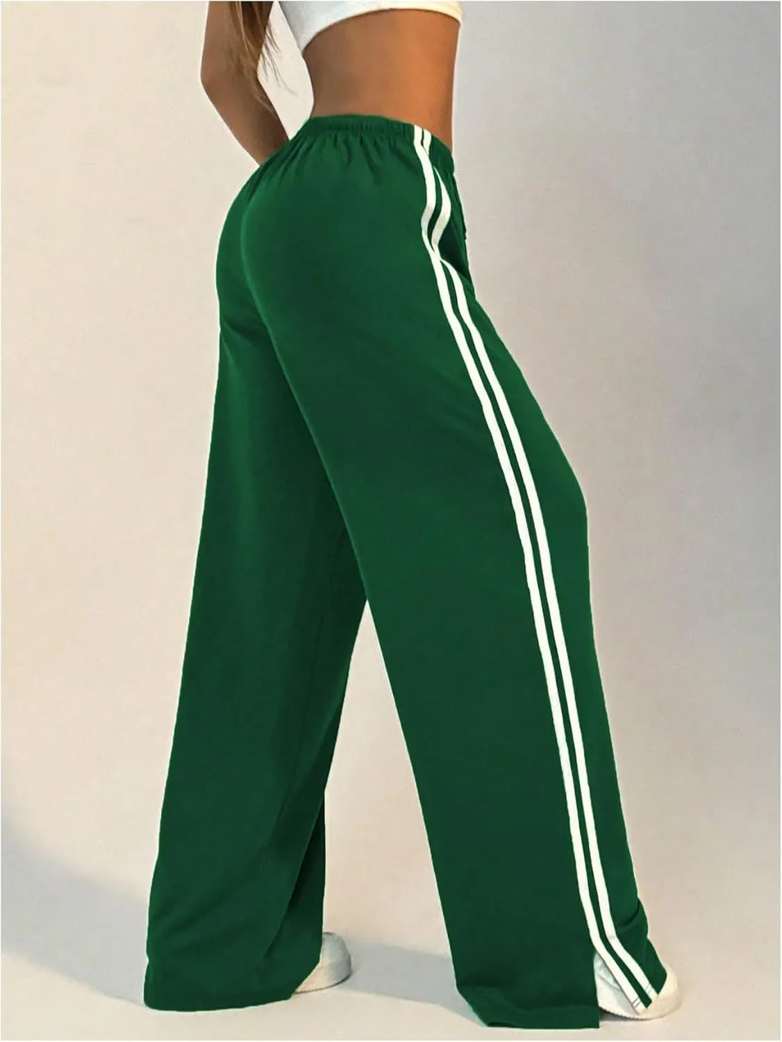 Women's Side Striped Pant Baggy Wide Leg Sweatpants Drawstring Low Waisted Slit Track Pants Streetwear Joggers