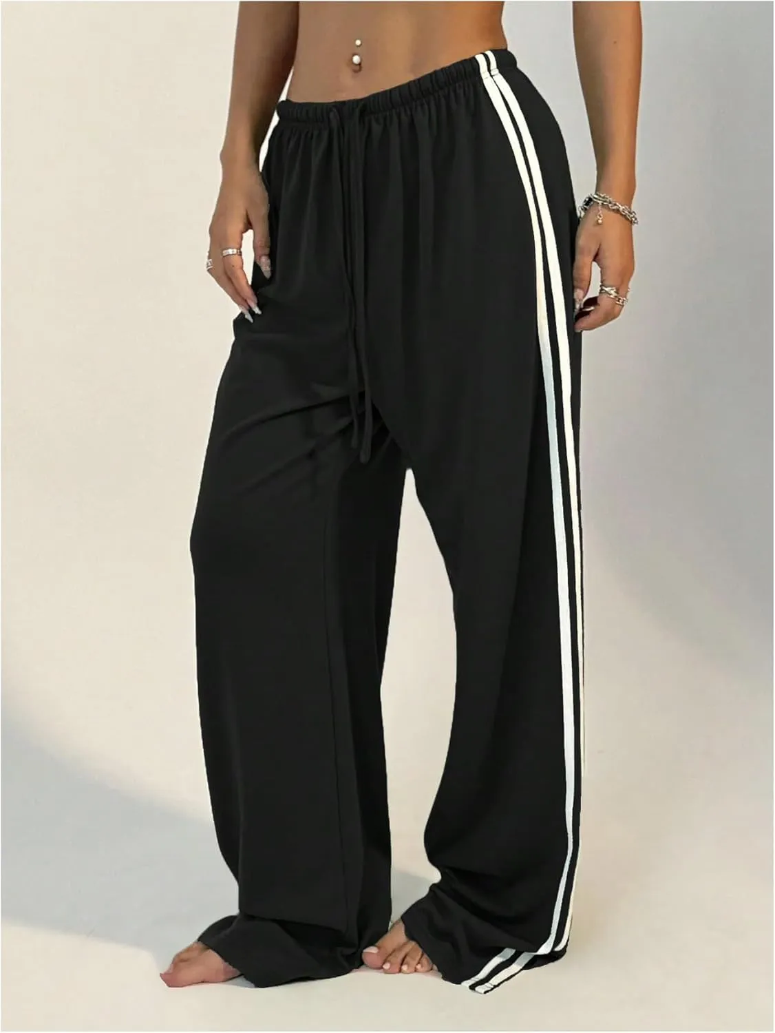 Women's Side Striped Pant Baggy Wide Leg Sweatpants Drawstring Low Waisted Slit Track Pants Streetwear Joggers