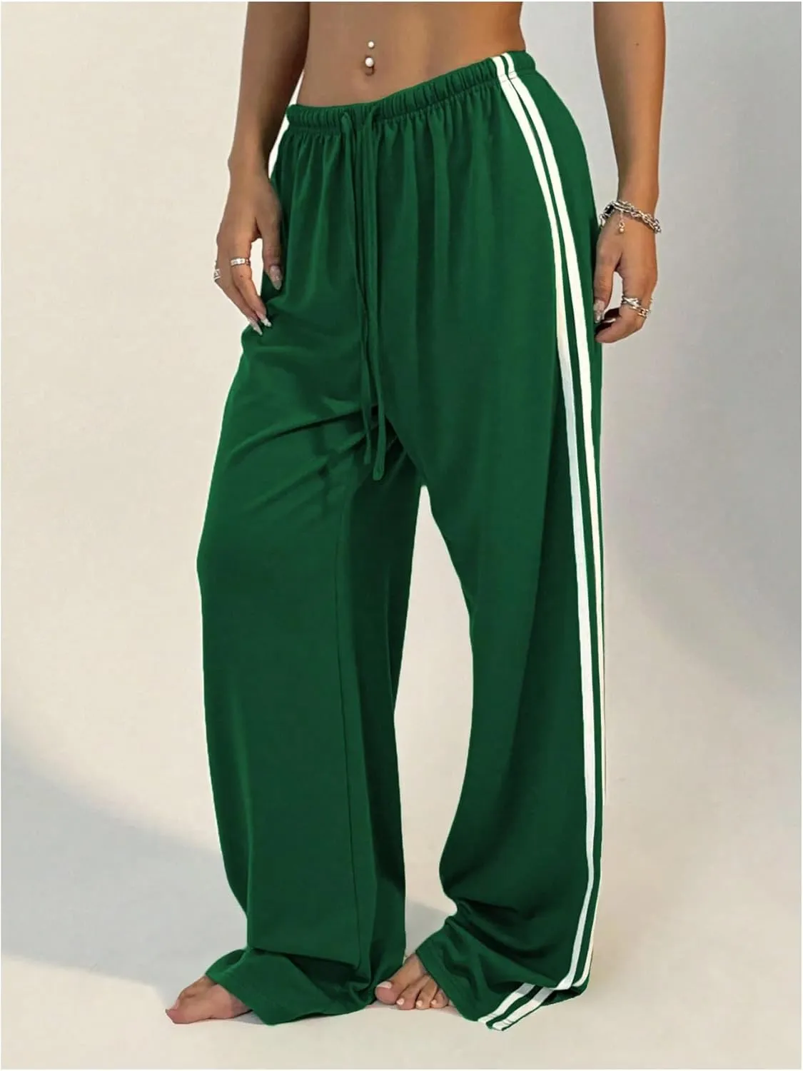 Women's Side Striped Pant Baggy Wide Leg Sweatpants Drawstring Low Waisted Slit Track Pants Streetwear Joggers