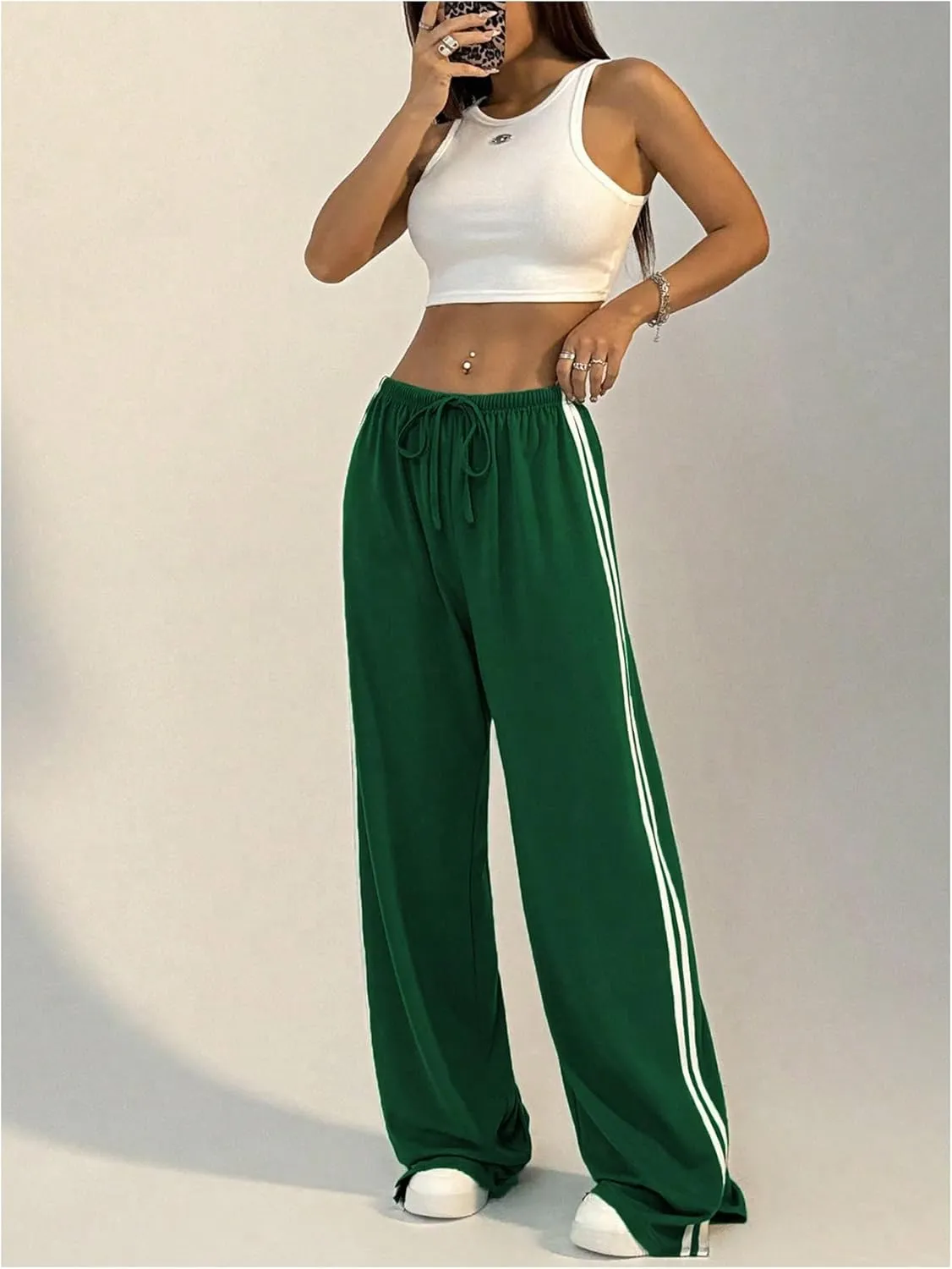 Women's Side Striped Pant Baggy Wide Leg Sweatpants Drawstring Low Waisted Slit Track Pants Streetwear Joggers
