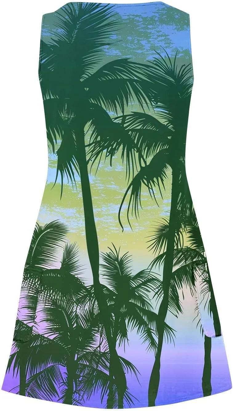 Women's Sleeveless Mini Tank Dress Casual Summer Beach Sun Dresses Loose V Neck T-Shirt Dress Sundress with Pocket