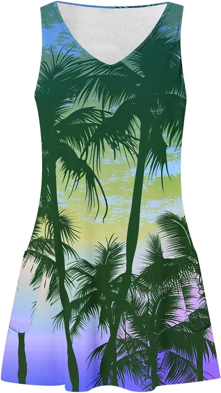 Women's Sleeveless Mini Tank Dress Casual Summer Beach Sun Dresses Loose V Neck T-Shirt Dress Sundress with Pocket
