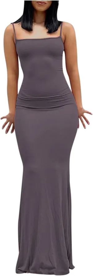Womens Spaghetti Strap Bodycon Maxi Dress Summer Casual Sleeveless Long Beach Dresses Ruched Elegant Evening Dress