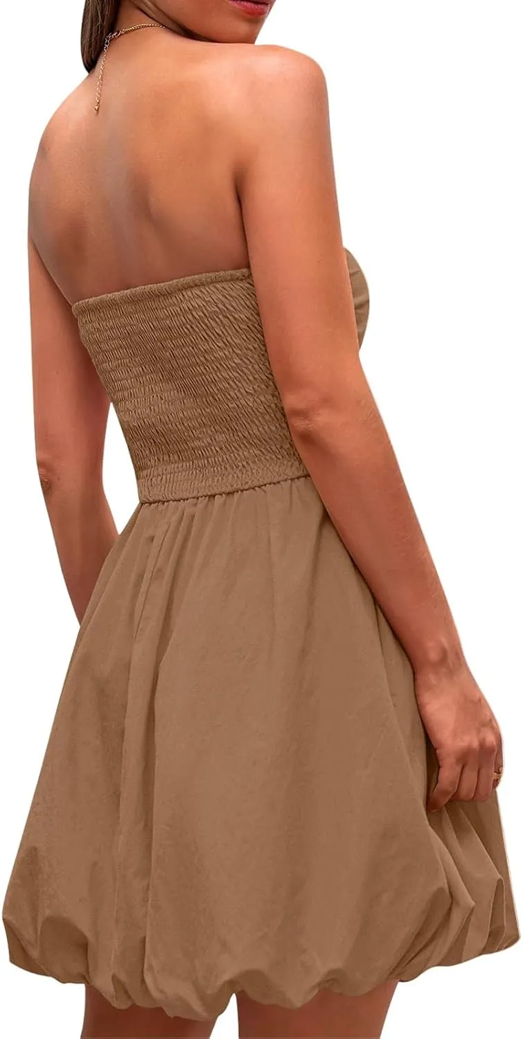 Women's Strapless Tube Top Ruffle Hem Mini Dress Ruched Waist Short Party Dresses Elegant Strapless Mini Dress