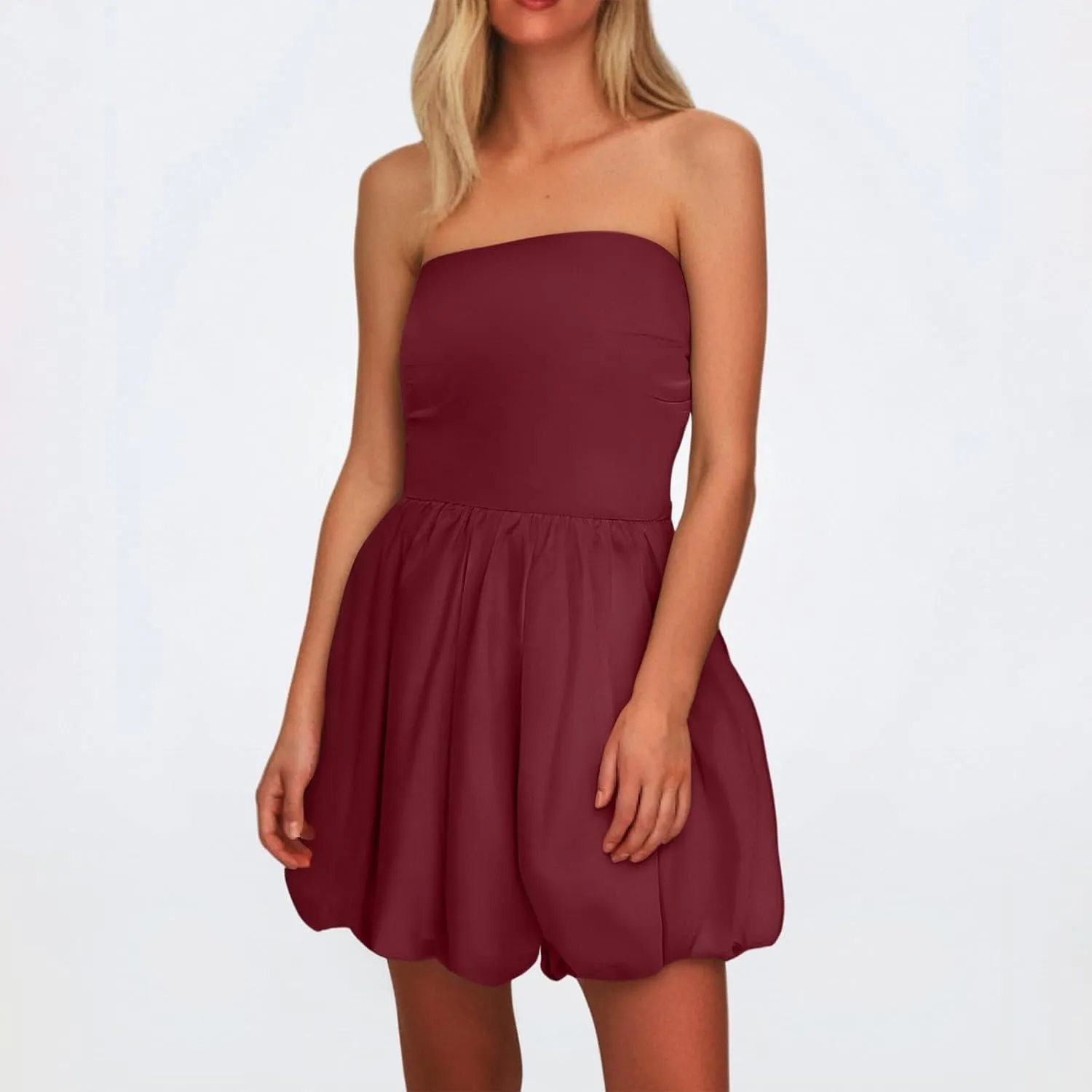 Women's Strapless Tube Top Ruffle Hem Mini Dress Ruched Waist Short Party Dresses Elegant Strapless Mini Dress