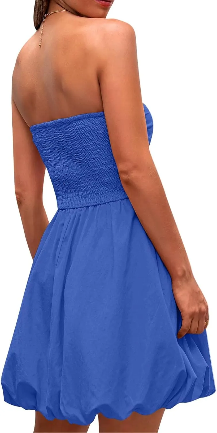 Women's Strapless Tube Top Ruffle Hem Mini Dress Ruched Waist Short Party Dresses Elegant Strapless Mini Dress