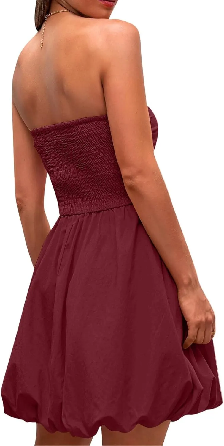 Women's Strapless Tube Top Ruffle Hem Mini Dress Ruched Waist Short Party Dresses Elegant Strapless Mini Dress