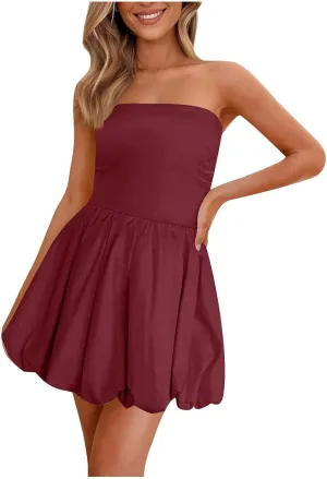 Women's Strapless Tube Top Ruffle Hem Mini Dress Ruched Waist Short Party Dresses Elegant Strapless Mini Dress