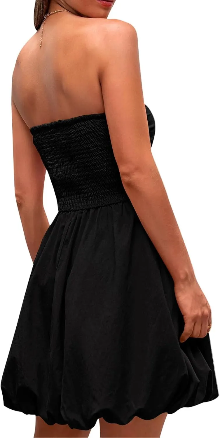 Women's Strapless Tube Top Ruffle Hem Mini Dress Ruched Waist Short Party Dresses Elegant Strapless Mini Dress
